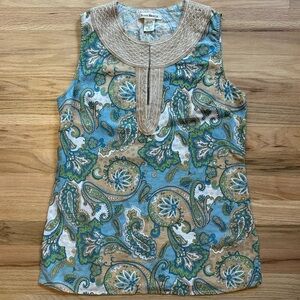Susan Bristol Boho Paisley Linen‎ Blend Tank Top Size M  - Blue and Green